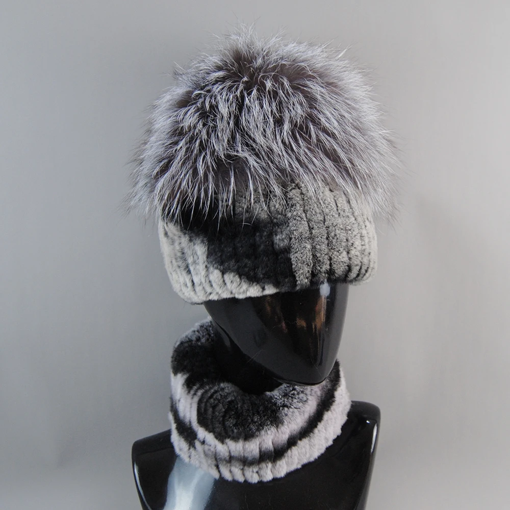 2023 Women Luxury Winter Real Silver Fox Fur Hat Scarf 2 Pieces Knitted Rex Rabbit Fur Hat Top Natural Fox Fur Cap Scarves Sets