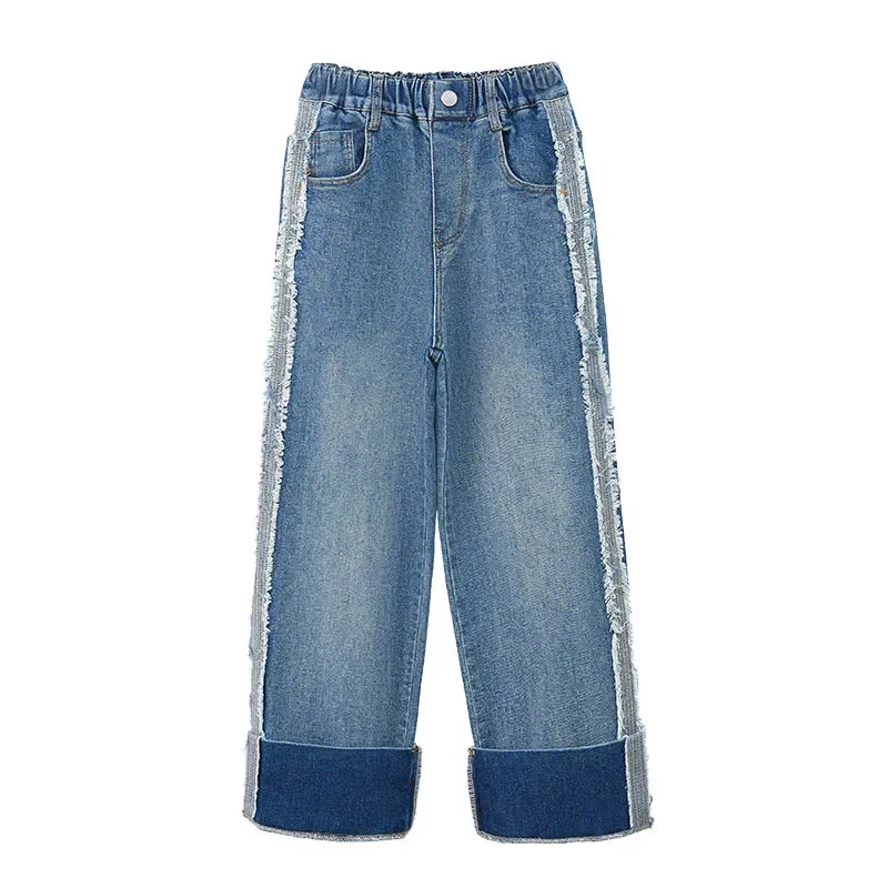 

Fashion Casual Jeans for Girls Spring Streetwear Flanged Design Wide Leg Pant Children's Clothing Side Raw Edge Trouser 4-14 Yrs