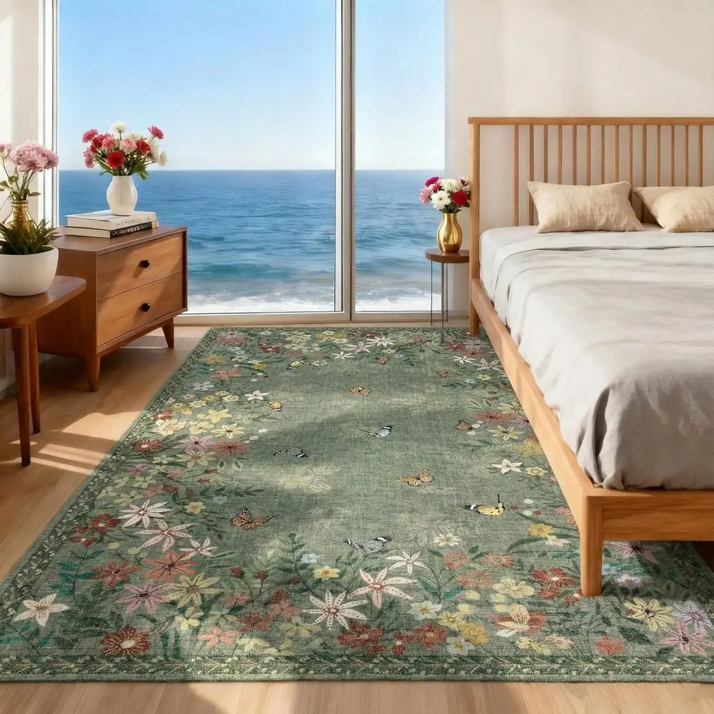 Green Floral Area Rug 4x6, Lightweight Non-Slip, Washable Boho Design for Living and Dining Rooms