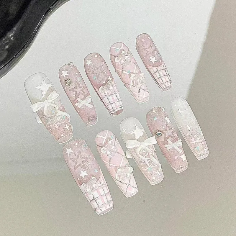 

10pcs Cute Lace French Bow Handmade Almond French Press on Nails Simple Nails Full Cover Wearable False Nails