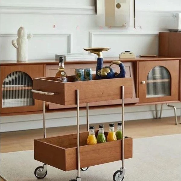 Solid wood cart, living room, sofa storage cabinet, household multi-layer snacks, bedside shelves, movable medieval edge