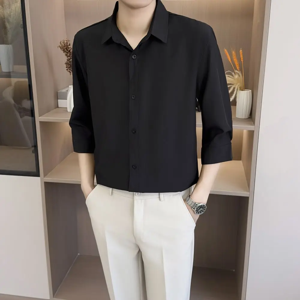 

Men's Busin Casual High-End Ice Silk Seven-Arm irt Spring New Sle No-Trace Bla irt M Inner Wear Iron-Free