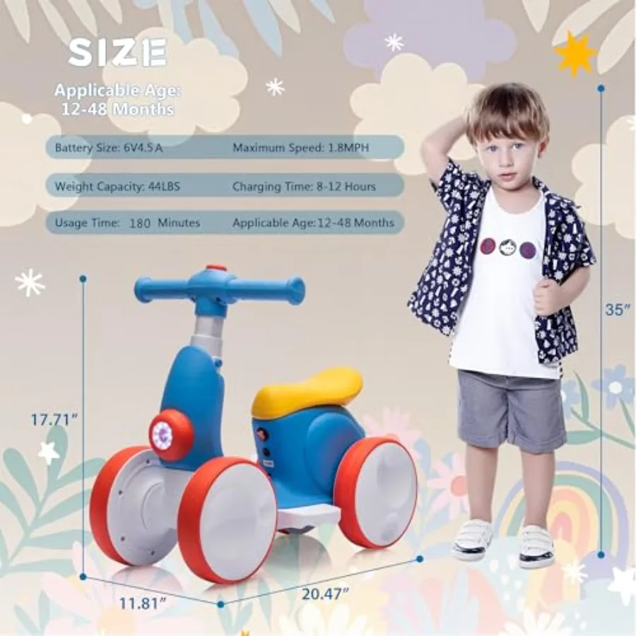 Bici elettrica per bambini da 6 V per ragazzi di 1 anno, ragazze, giocattoli da 12-48 mesi, bici da equilibrio per bambini, 4 ruote, prima bici con