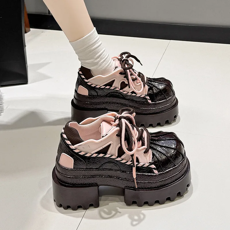 

Jk Style Platform Lace-up Shoes Women Color Block Shell Toe Mango Head Chunky Heel Leather Lolita Shoes