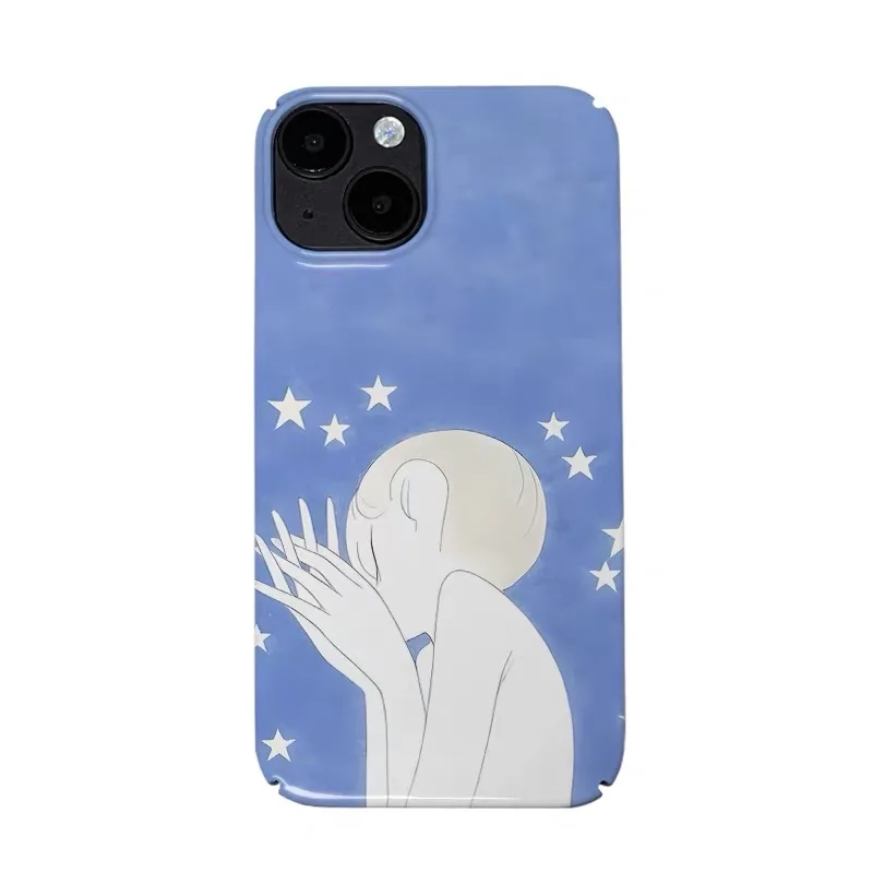 

Ins Dreamy Blue Hand Drawn Star Girl Case for IPhone 16 15 14 13 Pro Max 12 Mini 11 Pro Plus X XS MAX XR 7 8 SE Protective Cover