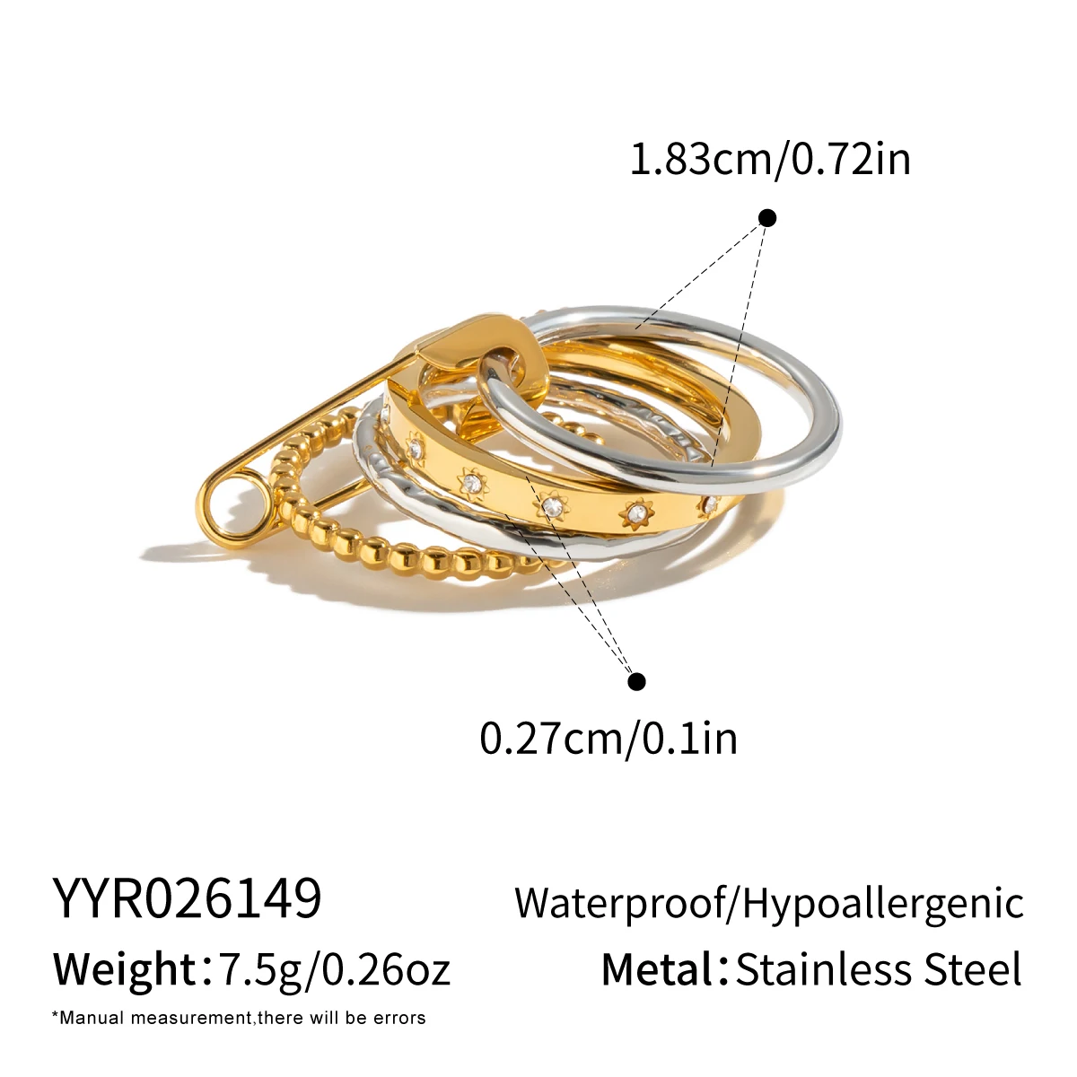 Miia Jewelry Zweifarbiger Stapelring aus Edelstahl, mehrschichtig, gedreht, mit Perlen und Zirkonia-Besatz für Damen – Detail 5