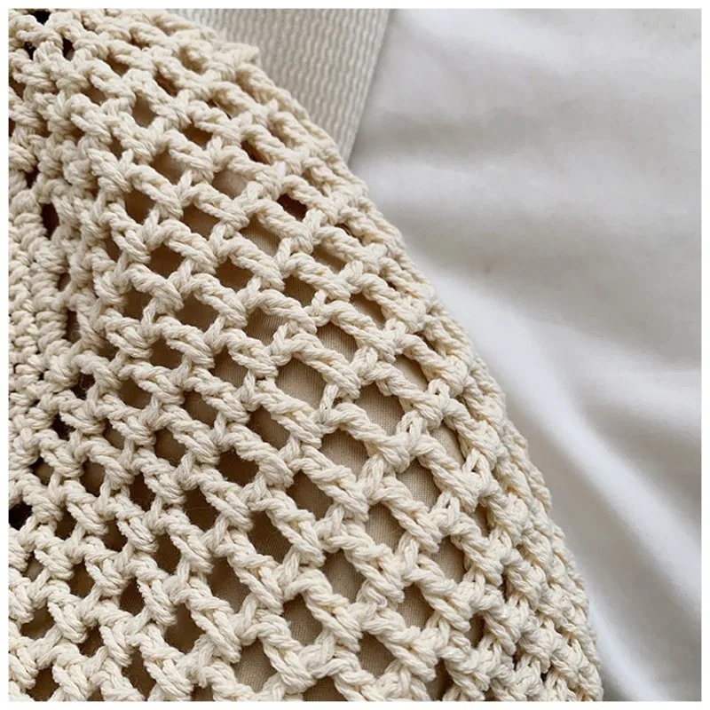 AT33 Fashion Bead Handmade Shoulder Bag Purse Women Beach Woven Hobo Handbag Large Capacity Single Shoulder Hollow Out Tote