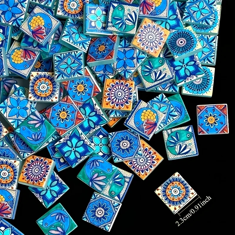 100/200 Grams of Blue Geometric Style Glass Mosaic Material, 2.3*2.3cm Floral and Bird Glass Mosaic Pieces, Suitable for Mosaic Creative Crafts, Home Decor Transformation, and Artistic Collage Creations