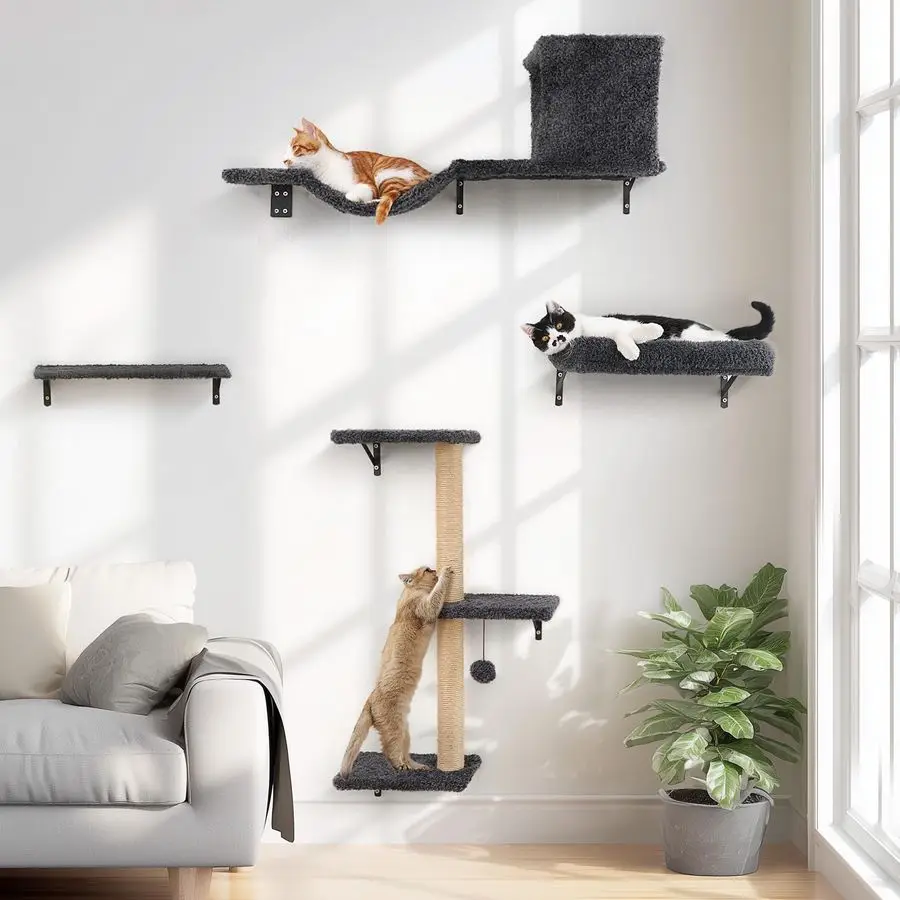 Prateleiras de parede para gatos, conjunto de móveis para gatos 4 em 1 estável, parede de escalada de madeira com poste para arranhar para drywall de 16 polegadas cinza