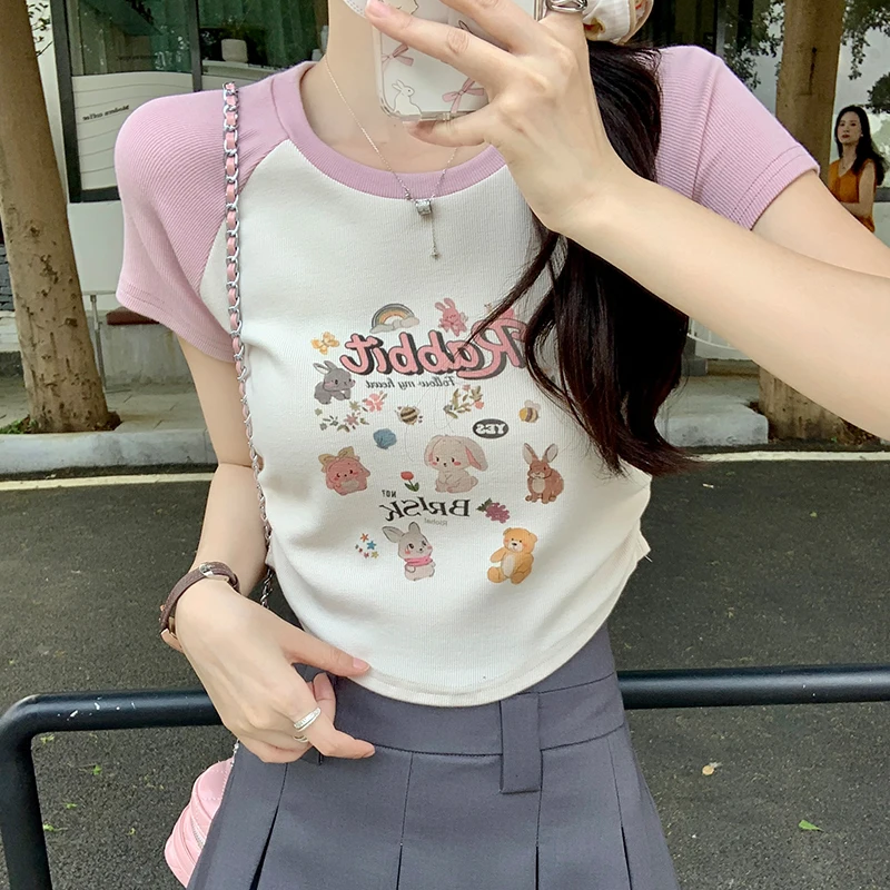 New Chic Irregular Women Cropped Tops Summer Cute Cartoon Short Sleeve Slim T-shirts Korean Sweet Woman Casual Tees Top