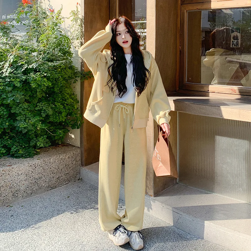 

Спортивный стиль, однотонный повседневный комплект из двух предметов, женский новый осенний кардиган с капюшоном 2024, куртка + спортивные брюки с высокой талией