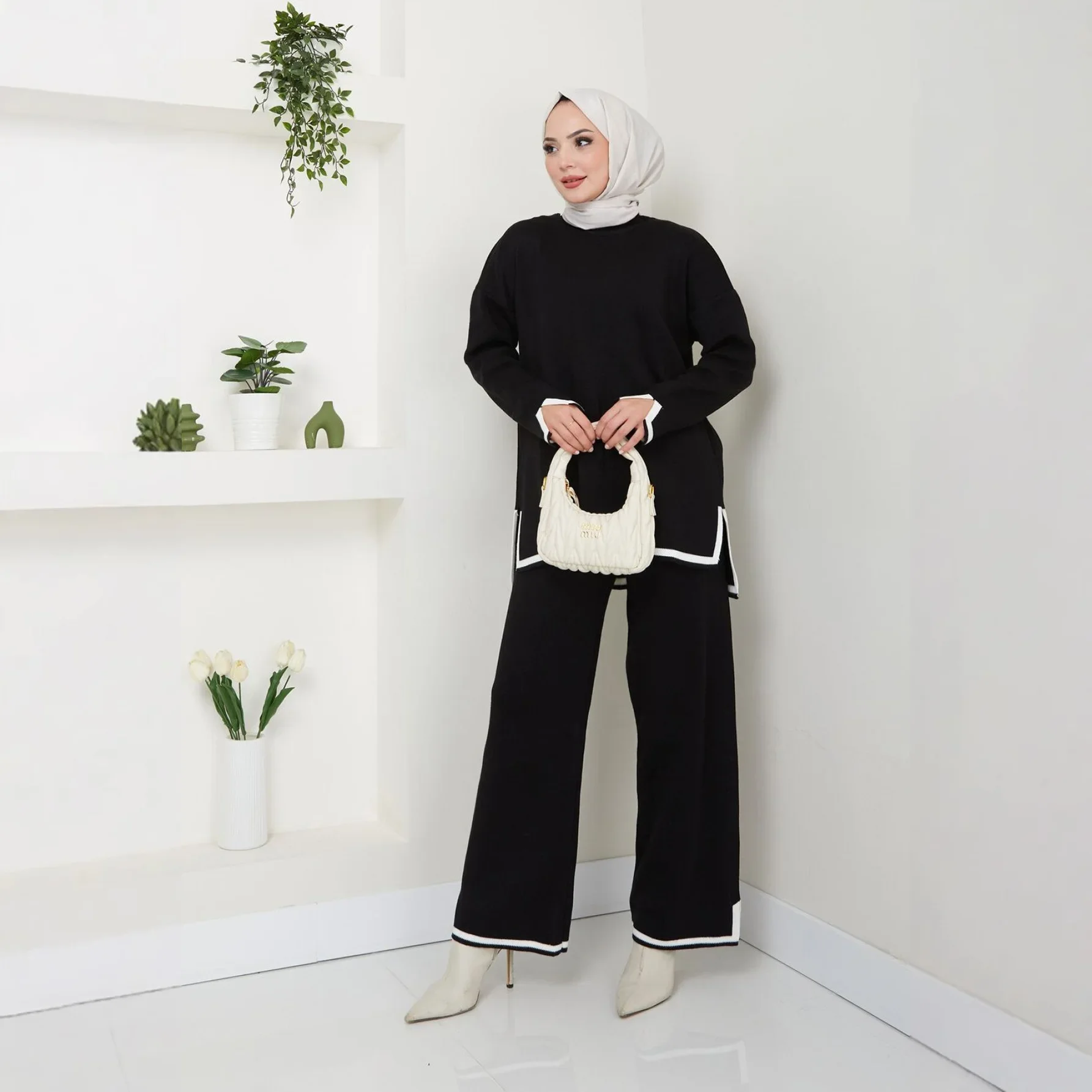 Ramadan Dzianinowy Sweter Zwykły 2-częściowy Abaya Zestaw Topy Spodnie Skromny Muzułmański Zestaw dla Kobiet Islam Caftan Robe Femme Musulmane Kaftan