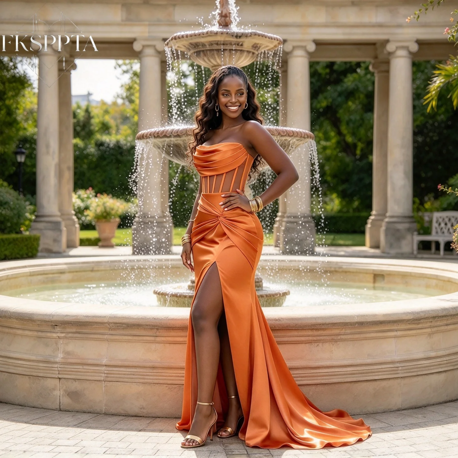 Burnt Orange Maxi Bridesmaid Dress Strapless Draped Corset Bodice Satin Mermaid Skirt High Split Formal Gown For Wedding Guest