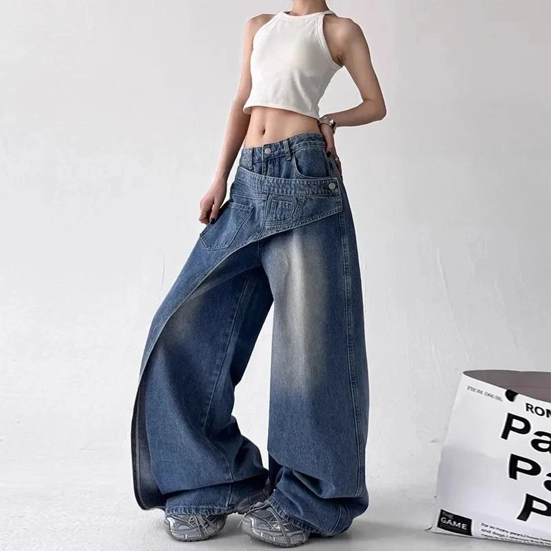 Y2K Fashion Irregular Patchwork Jeans Women Korean Chic Streetwear Hip Hop Straight Trousers Bf High Waist Casual Denim