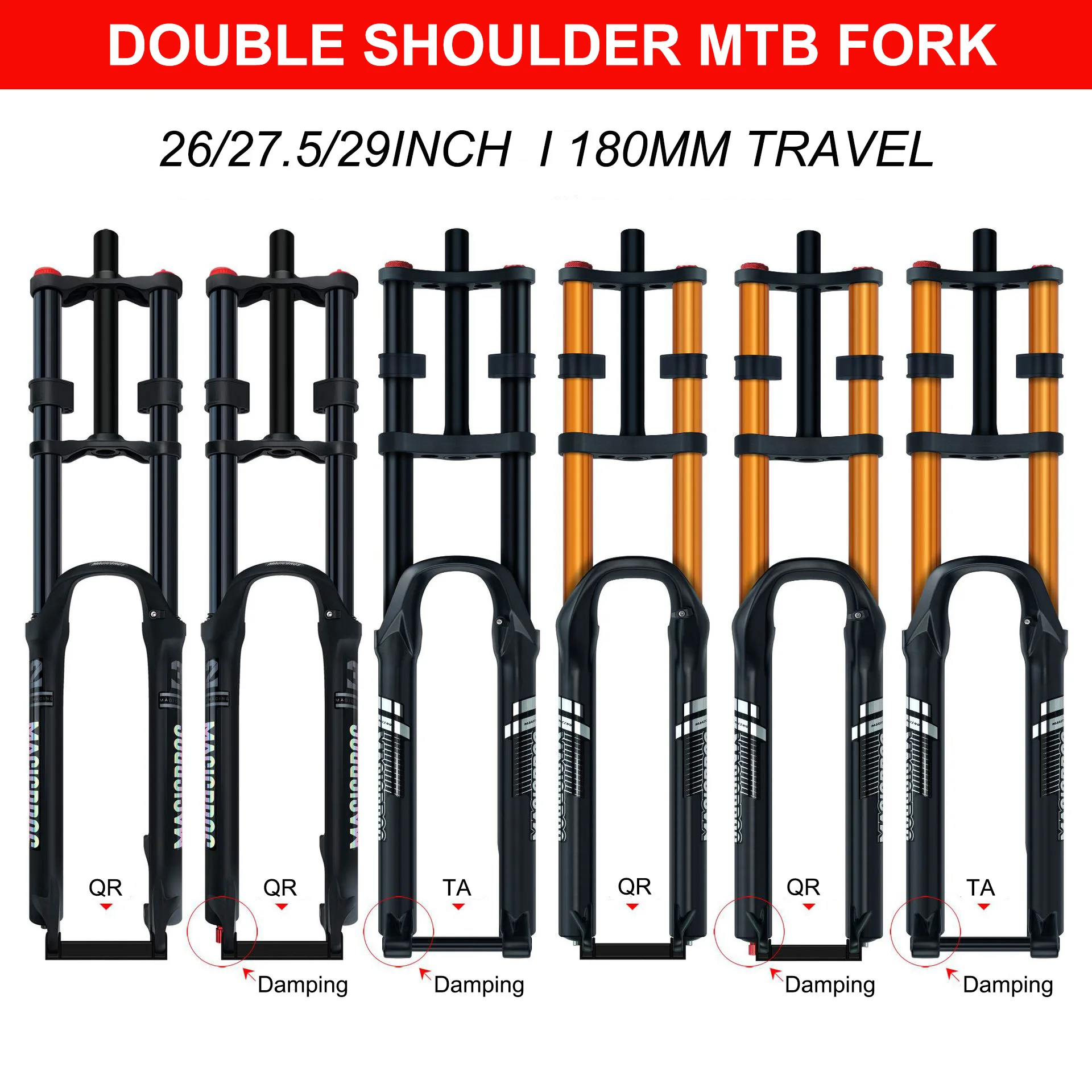 Mountain Bike Air Suspension Fork 26” 27.5” 29” Double Shoulder Straight Tube 180MM Travel For Electric E Bike Mountain Bicycle