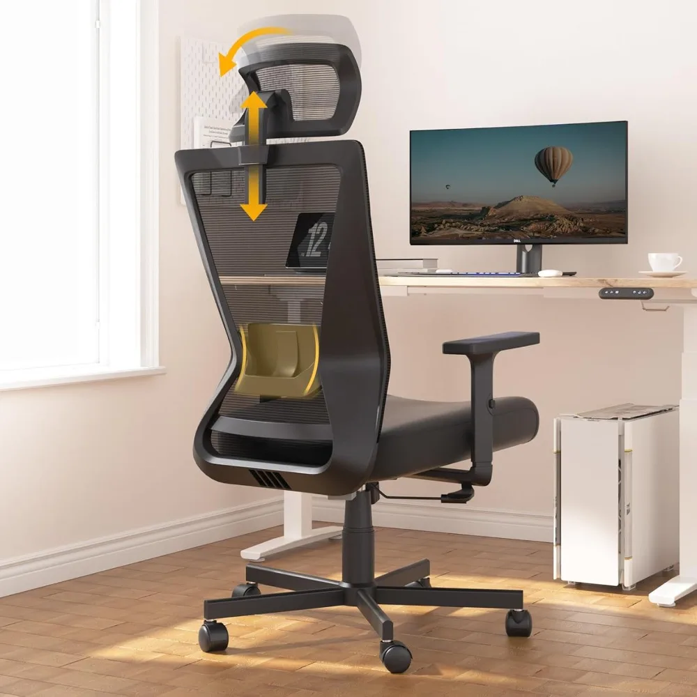 Silla ergonómica de oficina, asiento de escritorio con respaldo alto, silla de ordenador de malla con soporte Lumbar, reposacabezas ajustable y reposabrazos 2D