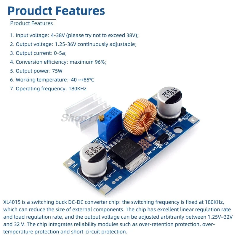 5 sztuk 5A 75W XL4015 konwerter DC-DC regulowany moduł obniżający napięcie 4.0-38V do 1.25V-36V DIY regulowany zasilacz