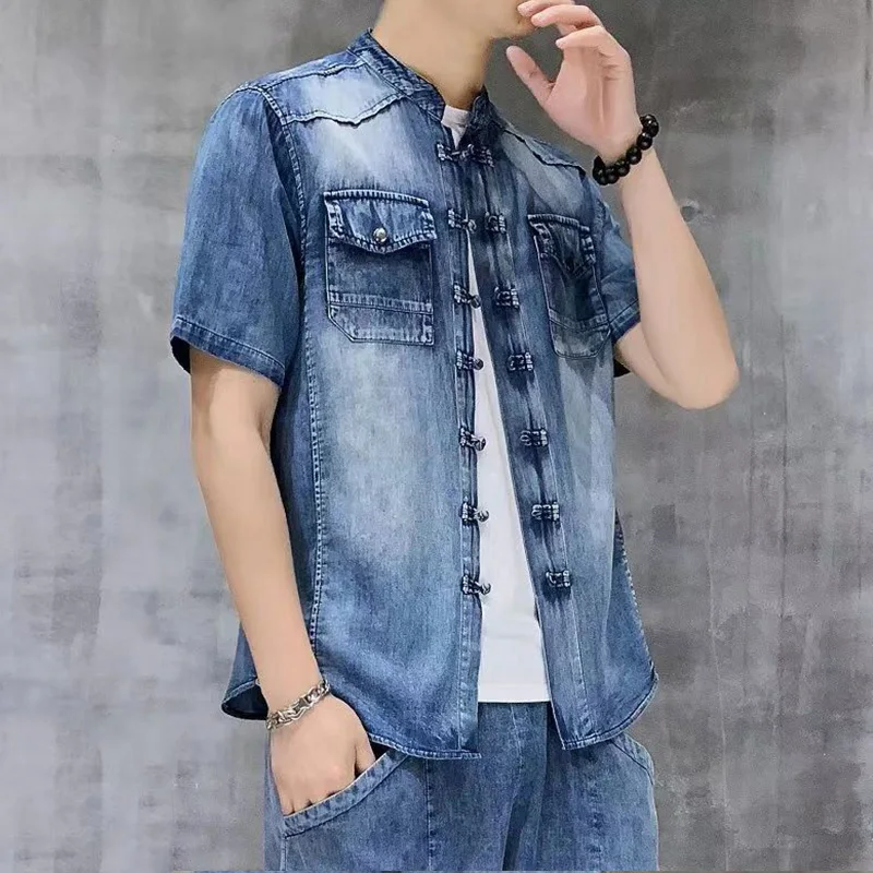 Stand Collar Men Short Sleeve Denim Shirt 2023 Summer Frog Closure Single Breasted Washed Blue Casual Shirts Retro