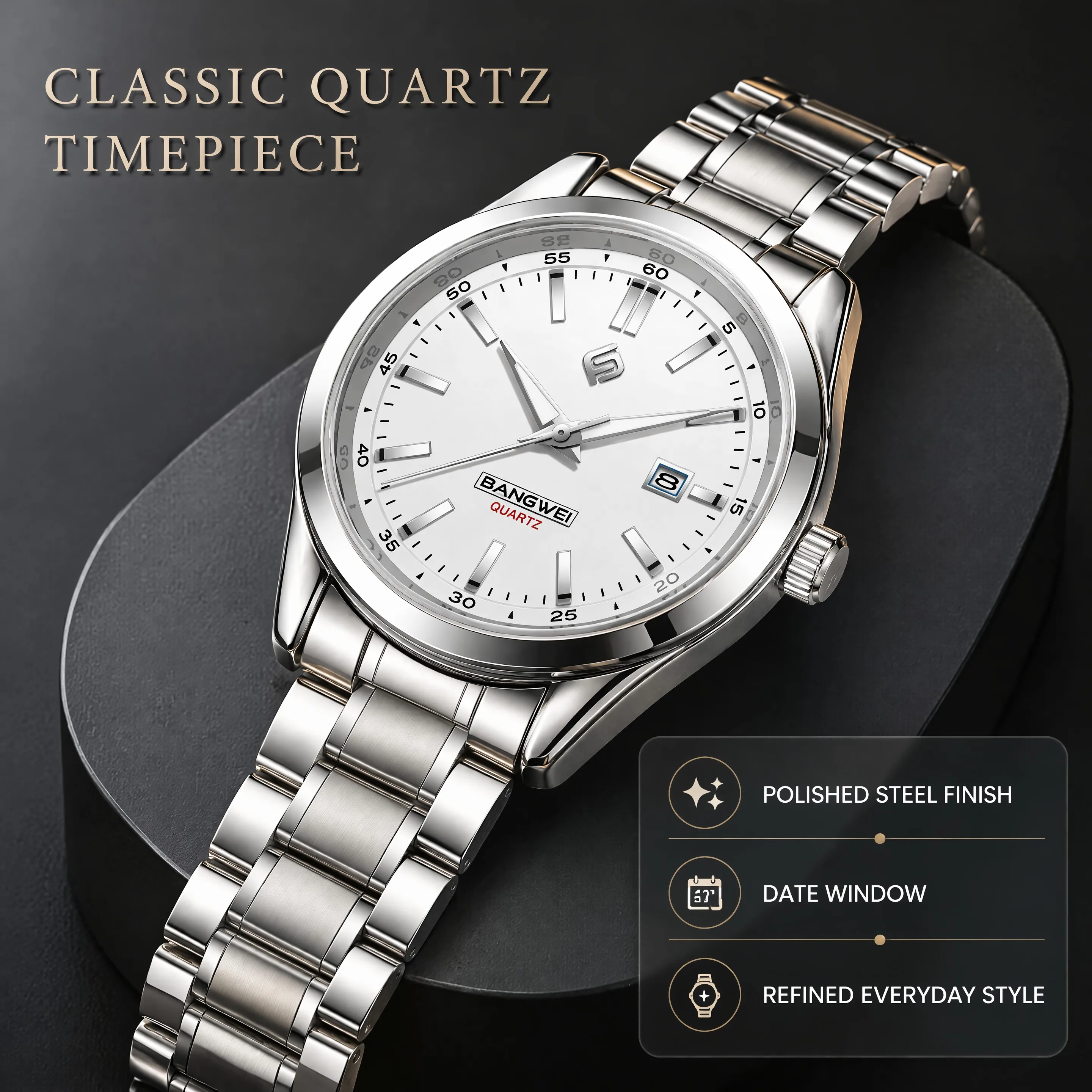 BANGWEI Top Brand Original Luxury New Quartz Watch Stainless Steel Watch For Men Waterproof Luminous Mens Watch reloj hombre