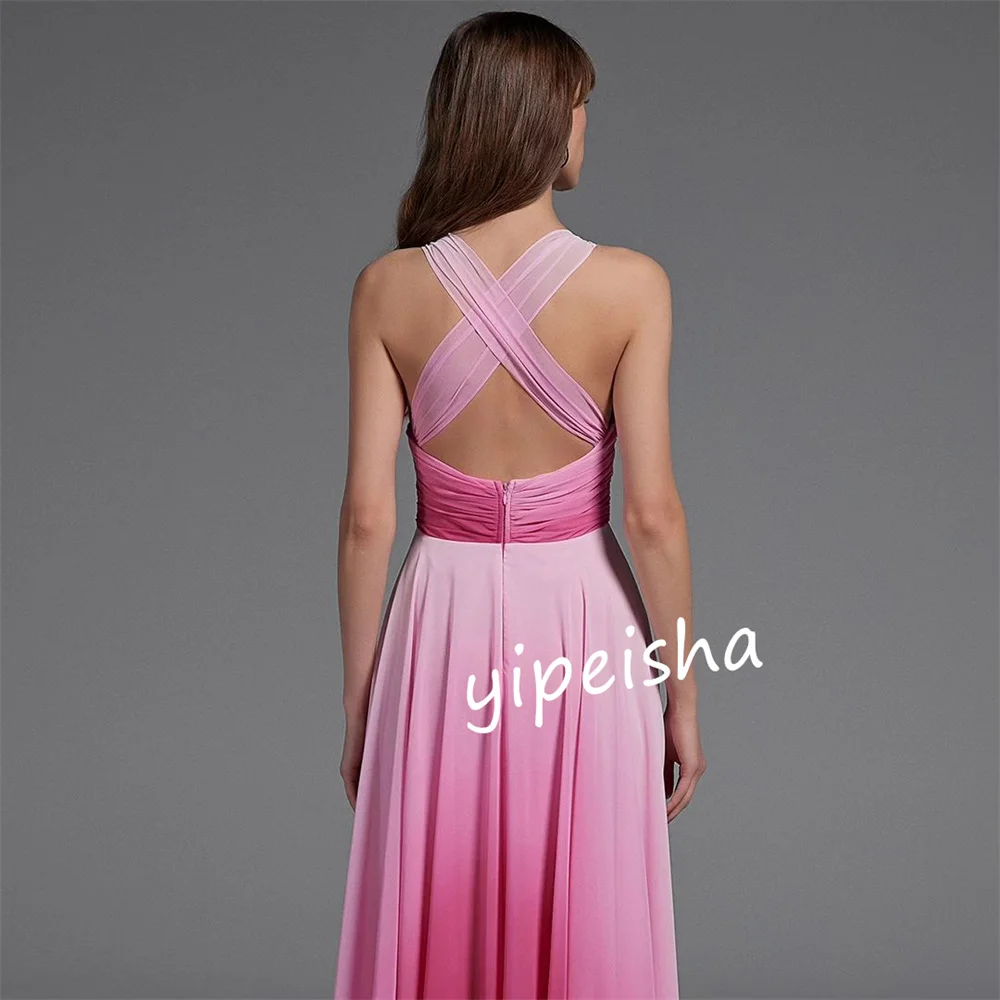 Customized Chiffon Pleat Engagement A-line V-neck Bespoke Occasion Gown Midi Dresses