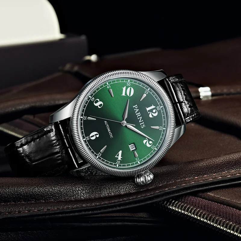 New Parnis 42mm Green Dial Men Mechanical Watch Luxury Automatic Watches Stainless Steel Waterproof Watch Men relogio masculino