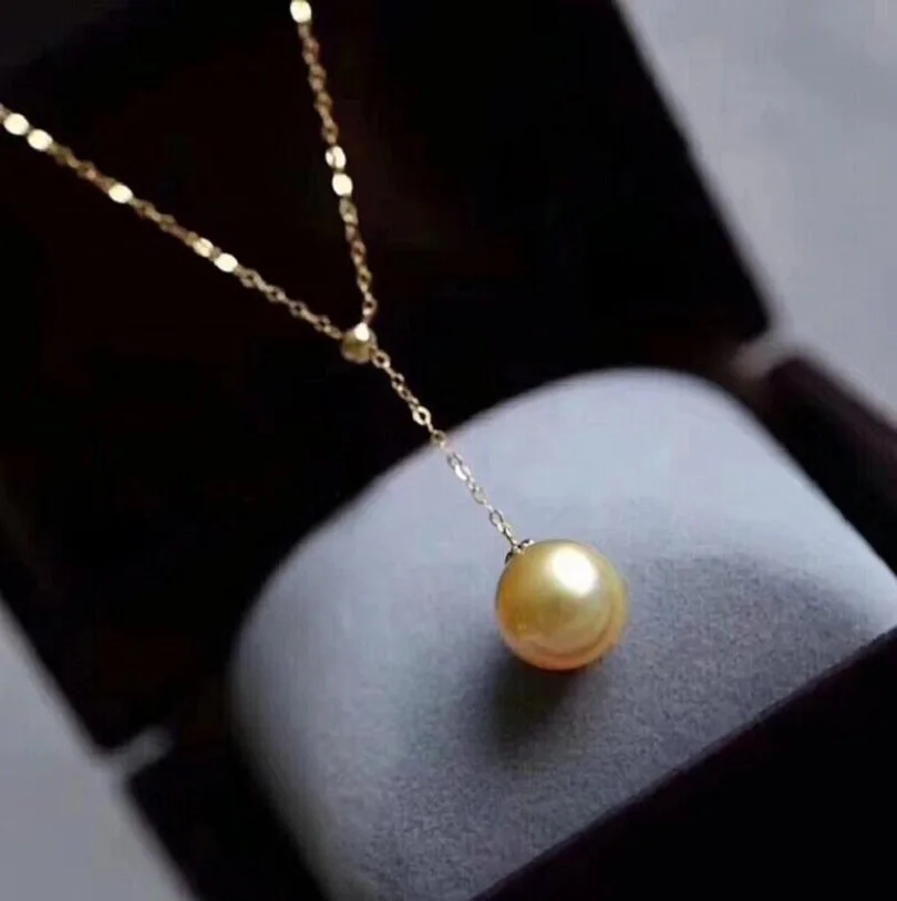 AAAA 12-11mm South China Sea Round Gold Pearl Pendant Necklace 18K Gold