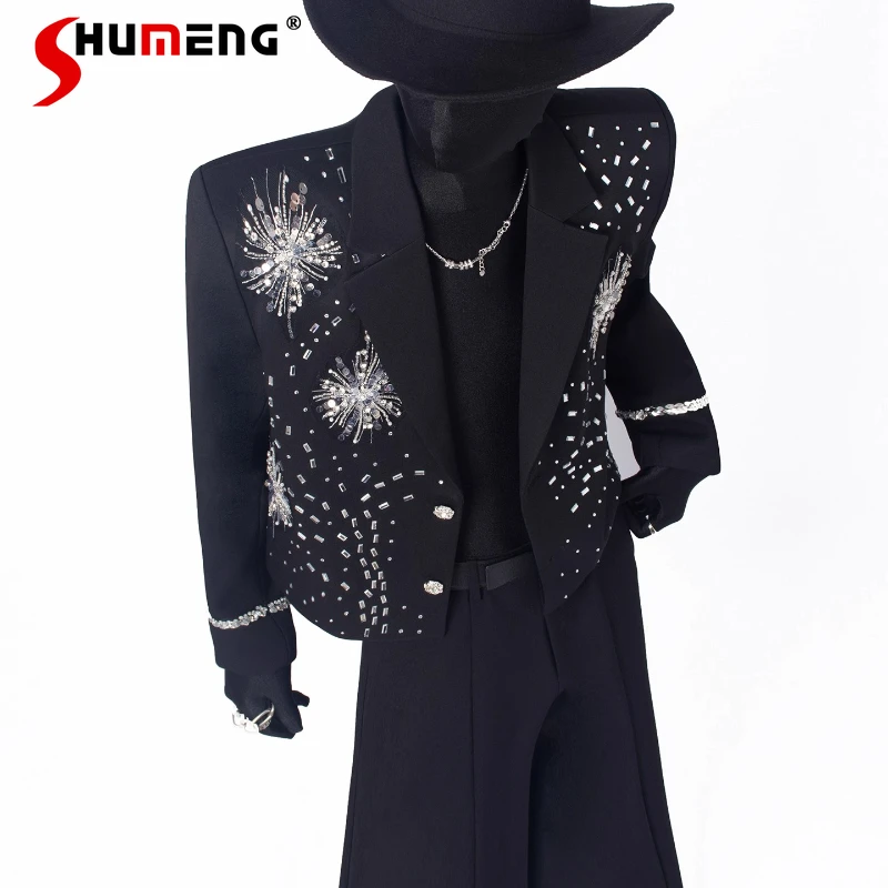 

Men's 2025 Autumn New Personality Tailored Coats Rhinestone Sequin Decoration Suit Jackets Fashion High-end Shoulder Pad Blazers