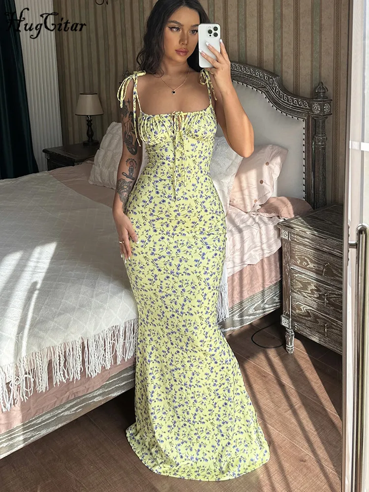Hugcitar Floral Print Sleeveless Backless Slips Lace Up Maxi Dress Sexy  Bodycon Summer Elegant Outfits Holiday Party Wholesale