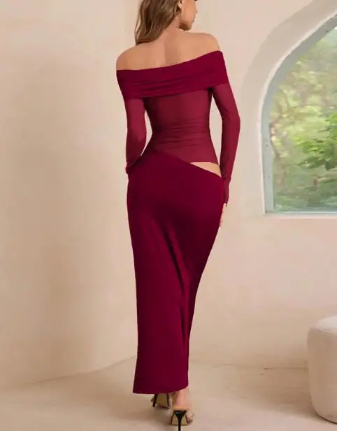 

2025 Elegant Off Shoulder Long Sleeved Mesh See Through Long Skirt, Solid Color,one Cut Collar,sexy Waist and Hip Cinching Dress