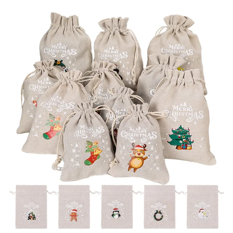 30/1PCS Christmas Linen Drawstring Bags Candy Gift Bag Storage Biscuits Pouchs Xmas Tree Hanging Bag New Year Party Package Sack