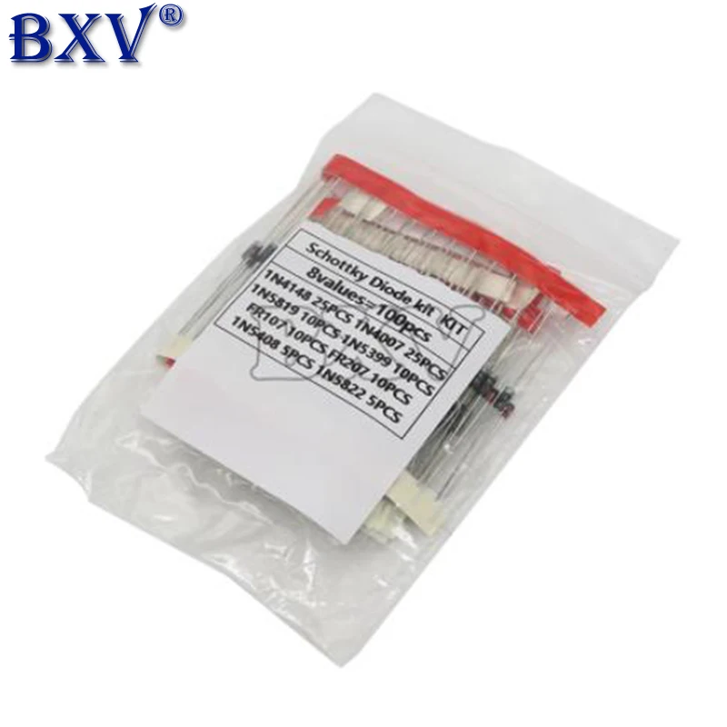 100PCS 8Values Schottky Diode Rectifier Diodes Kit 1N4148 1N4007 1N5819 1N5399 1N5408 1N5822 FR107 FR207 Fast Switching Diode