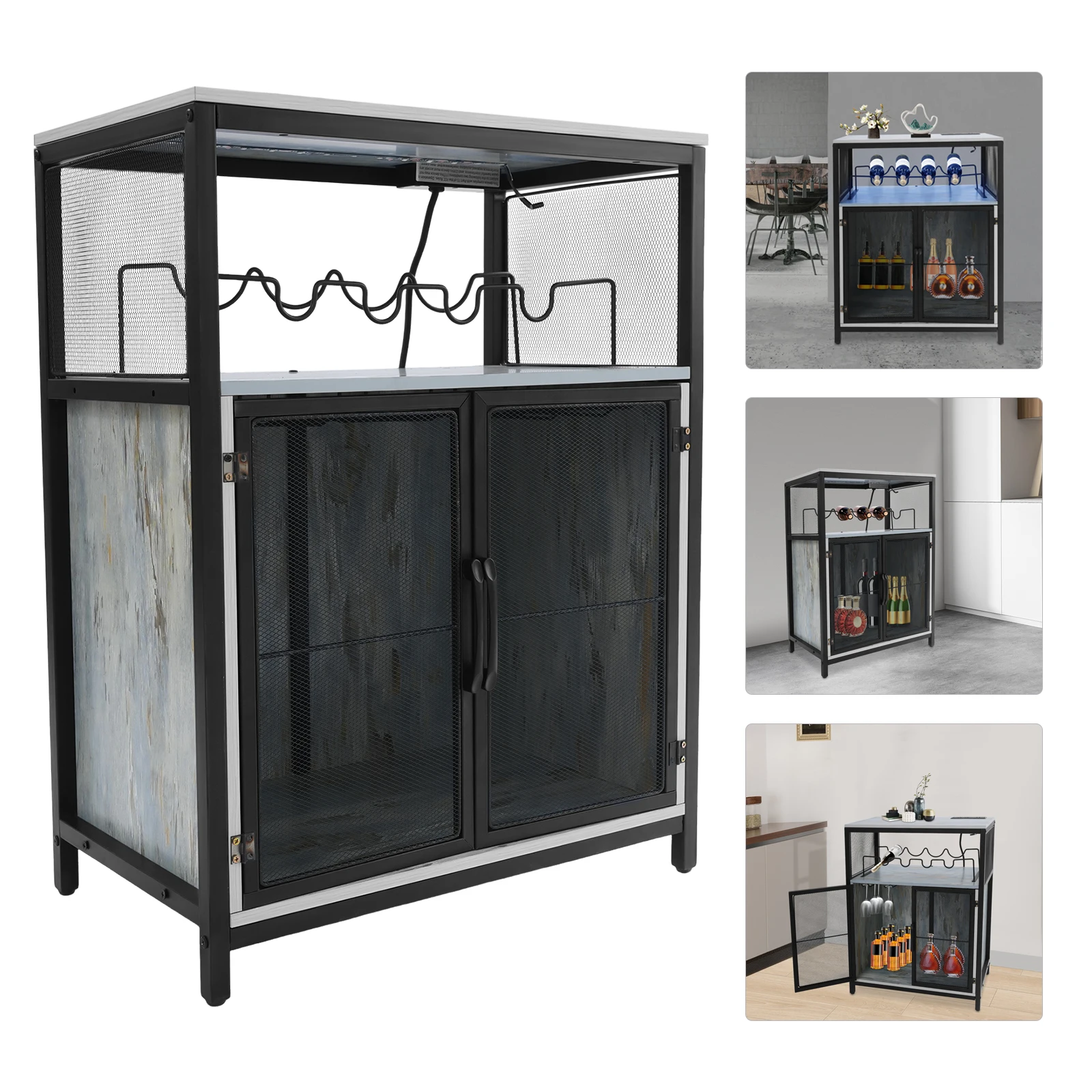 Wine Bar Cabinet with RGB Light 79cm, Industrial Vintage Storage Sideboard with Outlet for Coffee Bar Buffet Console Brown