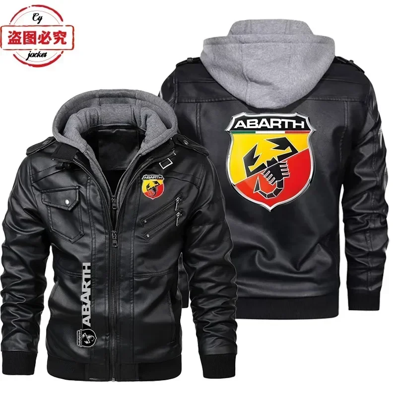 

European Size Leather jacket ABARTH car logo retro washed pu leather jacket windproof men's hooded jacket ABARTH work clothes