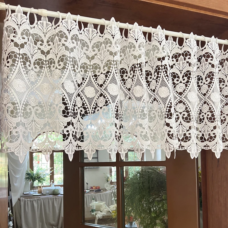 1 Piece French Romantic Idyllic White Water Soluble Embroidered Rose Hollowed Sheer Short Curtain For Living Room Kitchen Door