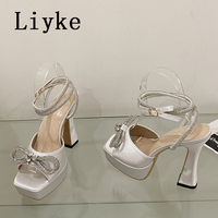 Liyke Super High Sexy Sandals Ladies 2025 Summer Open Toe Crystal Bowknot Platform Heels Party Wedding Shoes Women Black White