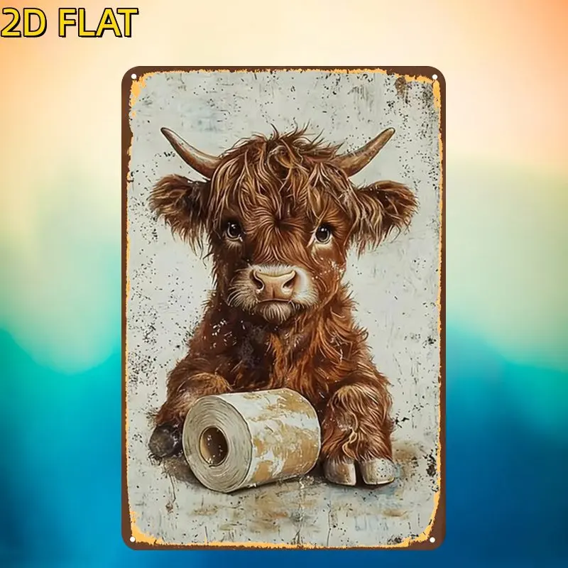 2D Flat, 1pc, Retro Cute Highland Calf with a Roll of Toilet Paper Metal Iron Sign, Pre-Drilled Holes, Suitable for Indoor,