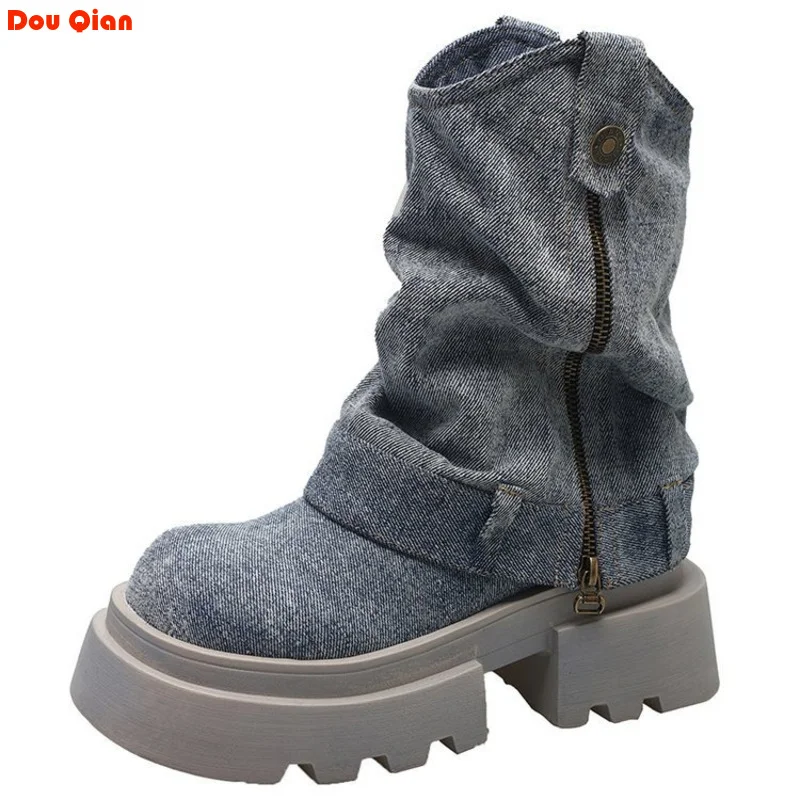 

Platform Martin Snow Ladies Boots Women 2024 Autumn Winter New British Style Denim Pants Small Chunky Heel Ankle Shoes Female