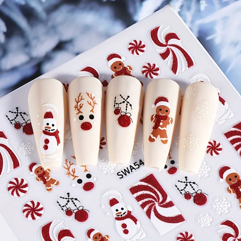 2 pçs natal fita vermelha boneco de neve adesivos de unhas, fácil de aplicar para decoração de unhas diy, presentes, festa e estilo de maquiagem de casamento