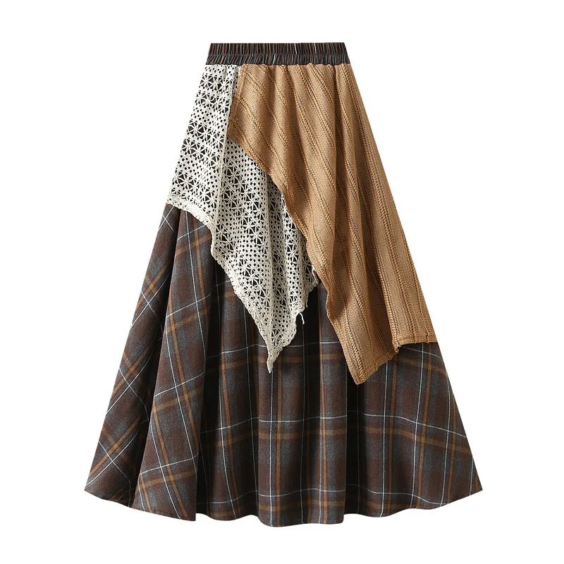 Vintage midi skirt with irregular grid lace patchwork, high waisted women's long skirt, A-line skirt, mini skirt