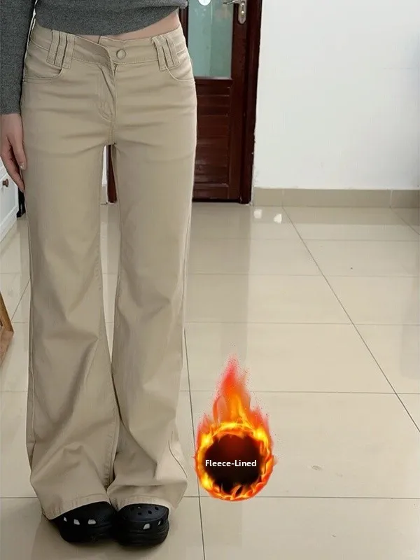 

Ретро-джинсы женские зимние, цвет хаки, расклешенные, на флисовой подкладке, теплые, облегающие, свободные, широкие штанины, фасон «колокол»