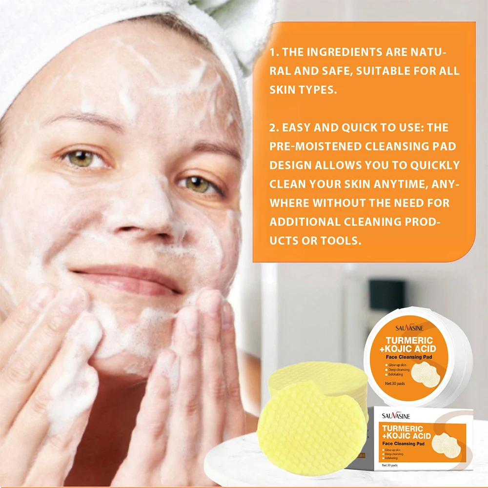 30pcs Turmeric Kojic Acid Cleansing Pads Face Cleanser Pad Gentle Dirt Removal Facial Deep Cleaning Skin Lightening Soap