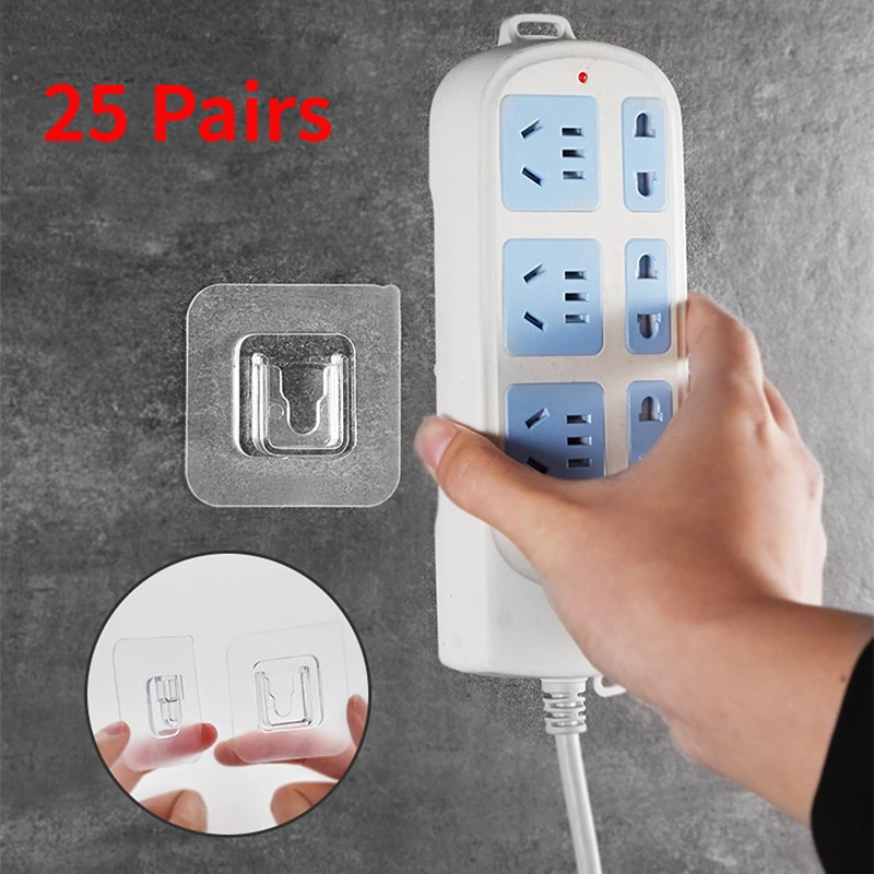 

25 Pair Socket Hook Bathroom Multi-Purpose Hooks Double-sided Adhesive Wall Hooks Power Cord Holder Fixer Kitchen Accessories