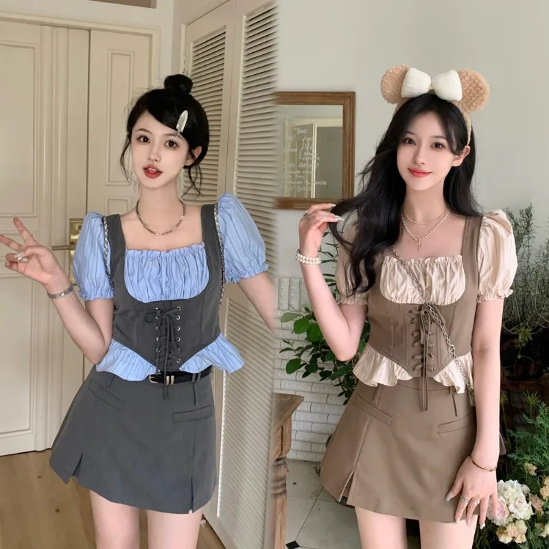 

2025Square Collarslims Two-Piece IllusionshirtHigh-WaistedSkirtsuit Be Desire Aesthetic New Chinese Fashionable 2-piece Set