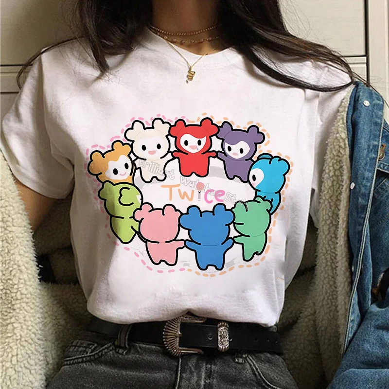 Lovelys Twice T-shirt for Adult Kpop Girl Group Clothes Round Collar Clothing Woman Man White Short Sleeve Cartoon Tee Top Gift