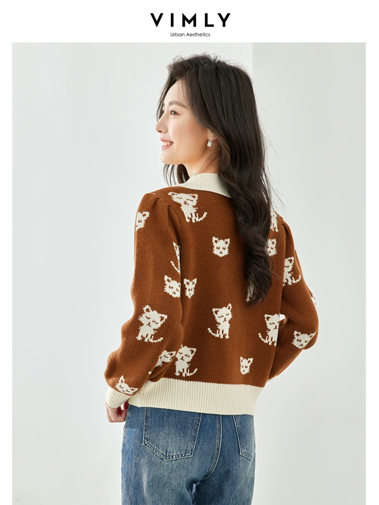 Vimly Cat Jacquard Cute Cardigan Knitwear Women 2023 Autumn Winter Sweater Lantern Sleeve Knit Tops Knitted Jacket Clothes 72369