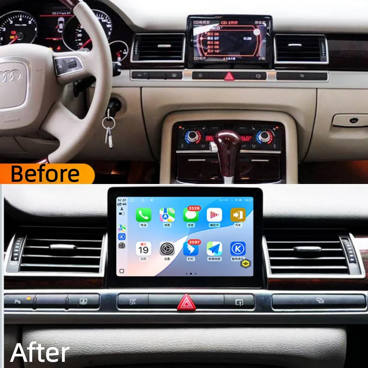 12.3inch Wireless CarPlay Blu-ray Touchscreen Upgrade for Audi A8 S8 D4 2004-2011 Android Auto Fullscreen Mirror GPS Navigation