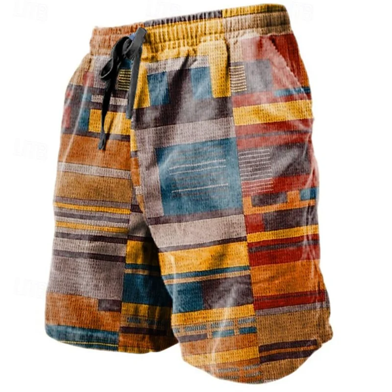 Vintage Patchwork Pattern Beach Short For Men Fashion Casual Summer 3D Fake Cloth Printed Short Pants Loose Street Swim Trunks