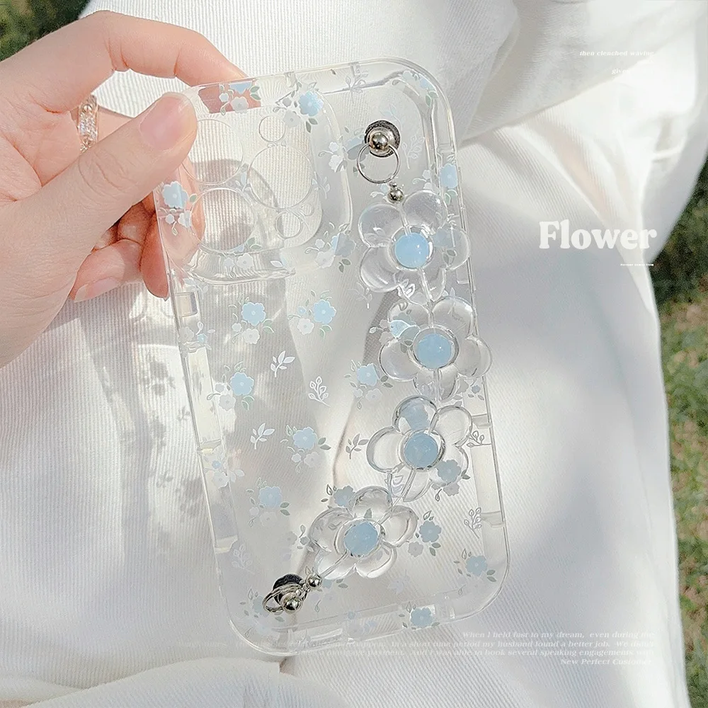 Clear Flower Phone Case with Lanyard  for iPhone 15 PRO MAX PLUS 14 13 12 11 Elegant Floral Transparent Phone Protective Cover