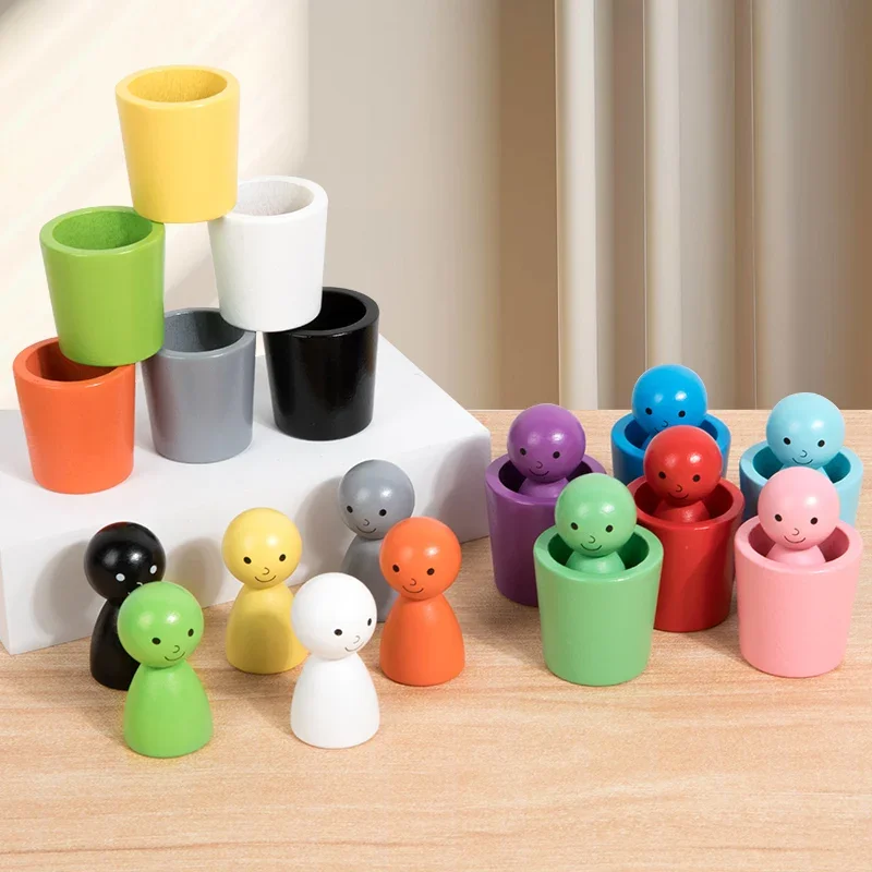 Juguetes de clasificación de colores Montessori, juego sensorial a juego de colores, muñecas de clavija de madera en tazas, juguetes de aprendizaje de educación temprana para niños pequeños, 3 +