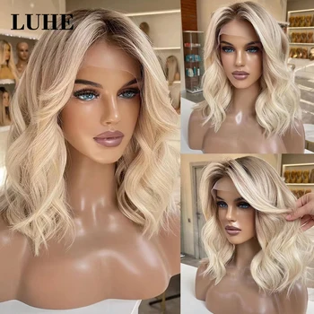 Ombre Ash Blonde Highlights Color Wave Bob Wig Short Natural Wavy Synthetic Hair Lace Front Wig 13x3 Lace Frontal Wigs For Women